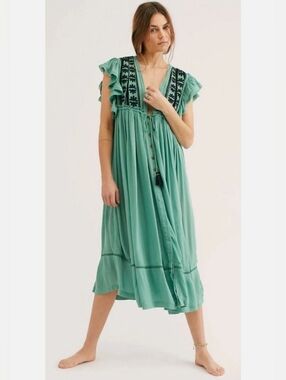 Free People Bali "Will Wait For You" Midi-dress In Turquoise Green. Size: Small.